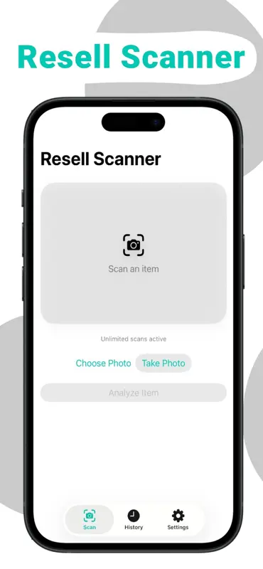 Resell Scanner app home screen with scan item camera button